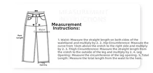 Size guide with measurement steps for waist, hips, thighs, leg opening and length of pants