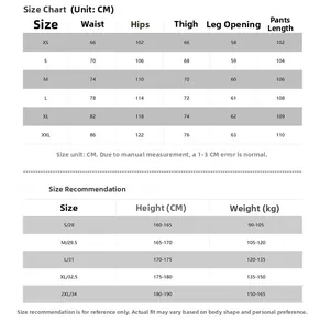 Detailed size guide table for loose straight-leg jeans with height and weight recommendations