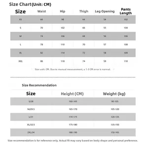 Detailed size chart for street-style multi-pocket denim jeans with precise measurements