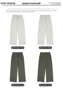 Detail view of cotton straight-leg denim jeans in grey and army green front and back