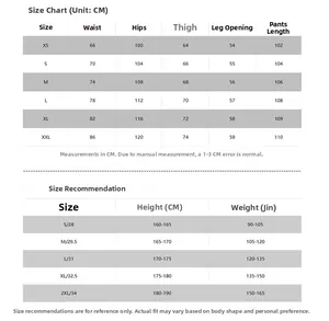 Detailed size chart for American street style loose white trousers with measurements