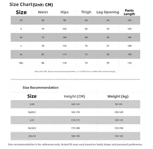 Size chart showing waist, hip, and length measurements for vintage denim cargo jeans