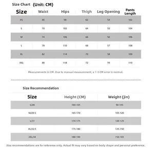 Tableau des tailles détaillé pour jeans baggy avec mesures de taille et de hanches