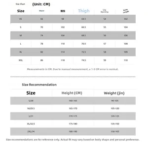 Detailed size chart for cargo pants including waist, hip, and length measurements