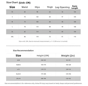 Detailed size guide table for American style wide leg cargo pants in various measurements