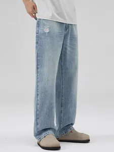 Jeans Homme Bleu Clair Délavé Jambe Droite Coupe Ample Déchiré Pantalon en Denim Casual Mode High Street