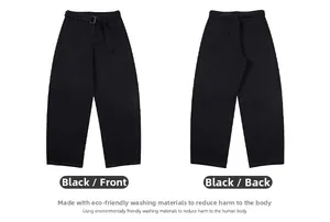 Front and back view of black cotton wide leg cargo pants with matching fabric belt