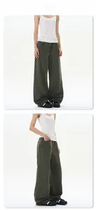 Army green wide-leg cotton jeans with vintage wash finish and loose straight-leg fit