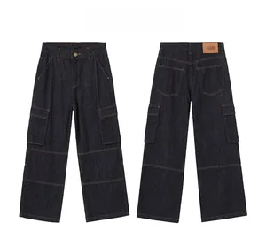 Detail view of high street cargo jeans featuring large side pockets and leather back patch