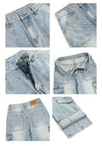 Detailed close-up of light blue cargo jeans with metal buttons and leather brand label