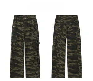Close-up of camouflage cargo pants featuring large side pockets and strap details