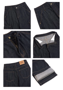 Detailed views of dark blue denim jeans featuring metal buttons and high-quality contrast stitching