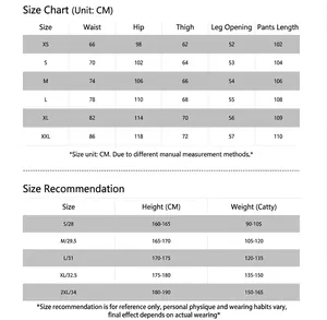 Detailed size chart for American loose fit cargo pants showing XS to XXL measurements