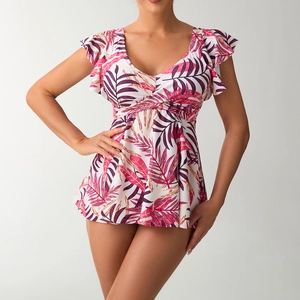 Maillot de bain tankini col V pour femme avec imprimés tropicaux et manches à volants