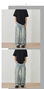 Close-up of light blue washed cargo jeans featuring multiple oversized utility pockets