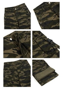 Detailed views of camouflage cargo pants featuring metal zipper and side buckle pockets