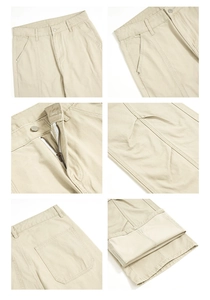Detailed views of khaki cargo pants with reinforced pockets and metallic button fly