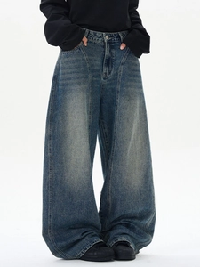 Jean denim large pour homme avec effet délavé rétro et coupe incurvée décontractée