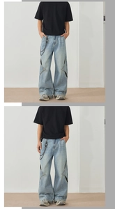 Detail showing distressed light blue wide-leg jeans with cutout knee and metal chain