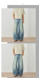 Vue avant du mannequin portant le jean large bleu clair avec détails usés et délavage