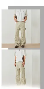 Detail view of American deconstructed silhouette cargo pants in beige with wide-leg cut