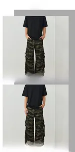 Close-up of multi-pocket camo cargo pants with decorative straps and relaxed fit