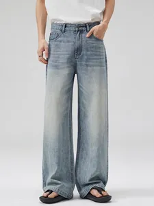 Men Casual Light Blue Washed Denim Jeans Wide Leg Straight Loose Pants Retro Streetwear Cotton Blend Trousers For Youth Adult