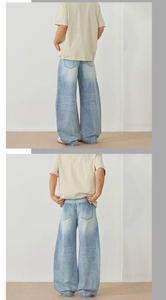 Détail de jean large délavé clair avec poches arrière et coupe décontractée style japonais