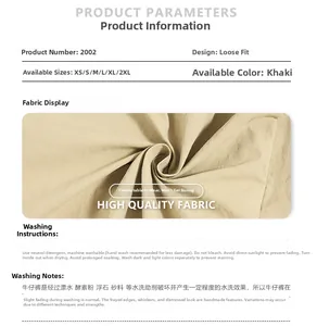 Detailed size chart and washing instructions for khaki cargo pants from XS to 2XL