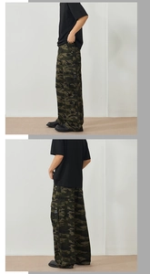 Detail showing side cargo pockets and forest camouflage pattern on loose fit trousers