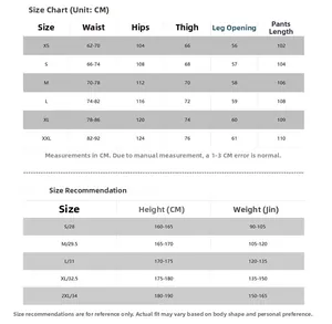 Size chart for American retro parachute cargo pants showing measurements from XS to XXL