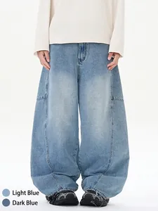 Jeans Baggy Rétro High Street pour Hommes Jambe Large Patchwork Pantalon en Denim Vintage Délavé Large Décontracté Coupe Droite