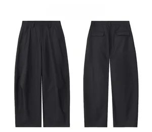 Detailed front and back view of black wide-leg trousers with pocket details