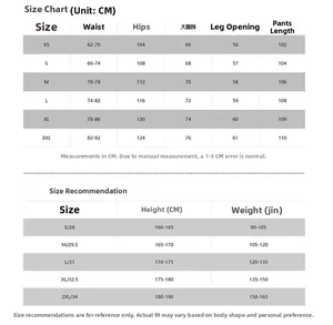 Size guide for light loose quick-dry cargo pants from XS to XXL with measurements