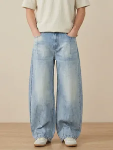 Jeans en Denim à Jambes Larges pour Hommes Bleu Clair Délavé Tissu Lourd Coupe Large Rétro Pantalon en Coton Décontracté