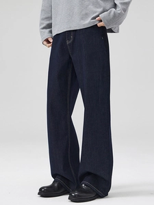 Men's retro loose straight-leg dark indigo denim jeans with contrast yellow stitching