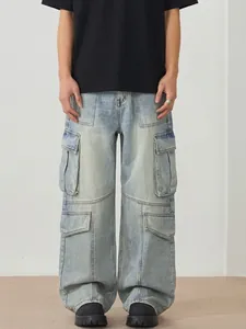 Men High Street Washed Cargo Jeans Loose Wide Leg Distressed Denim Pants With Multi Pockets Light Blue Streetwear Fashion