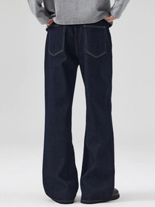 Men's retro deep blue flare jeans with contrast yellow stitching and back pockets