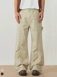 Men's High Street Cotton Cargo Pants Loose Fit Micro-Flare Casual Straight Trousers With Pockets Apricot Coffee Solid Color