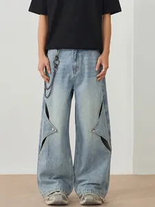 Men American Streetwear Loose Wide Leg Jeans With Star Shaped Cutouts And Metal Chain Light Blue Washed Baggy Denim Pants