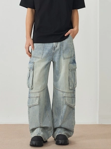 Men's loose straight-leg washed denim cargo pants with multiple pockets and a vintage blue finish