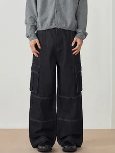 High Street Vintage Wide Leg Cargo Denim Jeans For Men Women Unisex Multi Pocket Contrast Stitching Straight Fit Pants