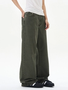 Oversized dark olive high-waist wide-leg denim jeans for men and women in street style