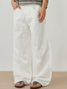 Mens and womens casual white baggy pants with vertical stitching and wide leg cut
