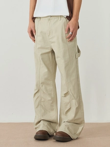 Men's American high street apricot cotton cargo pants with a loose micro-flare fit