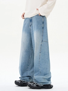 Jean large vintage high street pour homme avec panneaux incurvés et délavage bleu clair