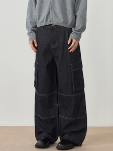 Retro deep blue cargo jeans with contrast stitching and wide-leg utility pockets