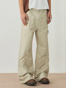 Men's loose apricot cotton cargo pants with vintage wide leg and stacked hem detail