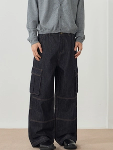 Retro straight leg denim cargo pants for men with large pockets and contrast yellow stitching