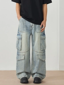Men's retro wash light blue wide-leg cargo jeans with multiple pockets and street style